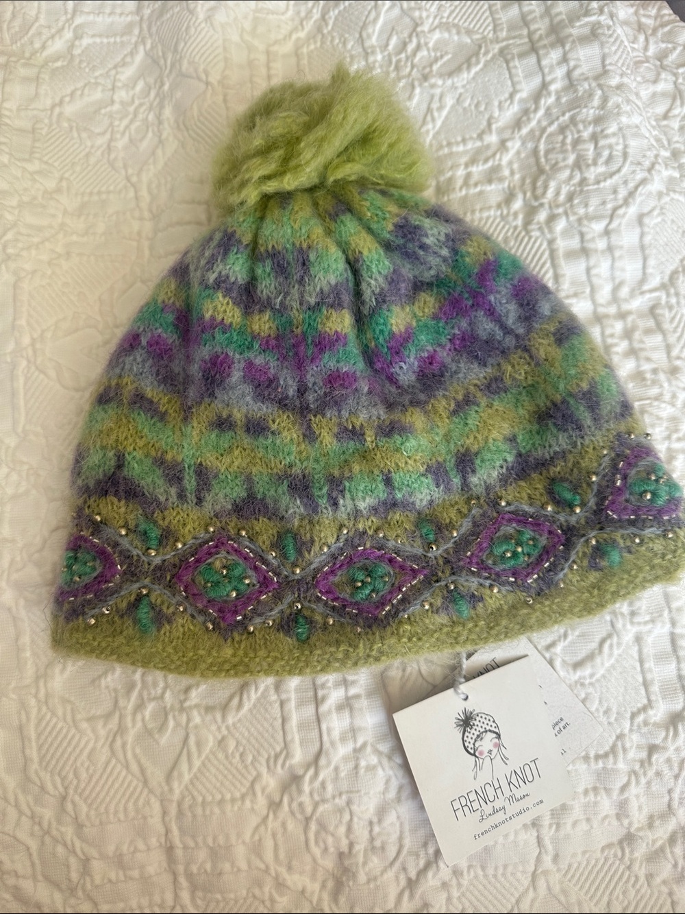 French Knot Beaded Pom Knit Hat in Green, Purple & Teal